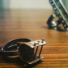 Load image into Gallery viewer, Sterling silver patina ring with small bars across open section of ring