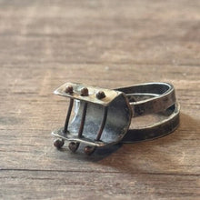 Load image into Gallery viewer, Sterling silver patina ring with small bars across open section of ring
