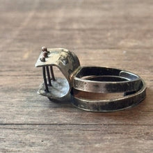 Load image into Gallery viewer, Sterling silver patina ring with small bars across open section of ring
