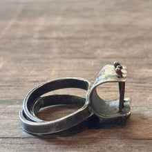 Load image into Gallery viewer, Sterling silver patina ring with small bars across open section of ring
