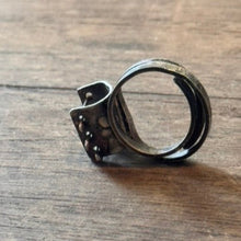 Load image into Gallery viewer, Sterling silver patina ring with small bars across open section of ring
