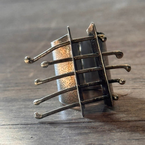 Wide band brutalist style sterling silver ring 